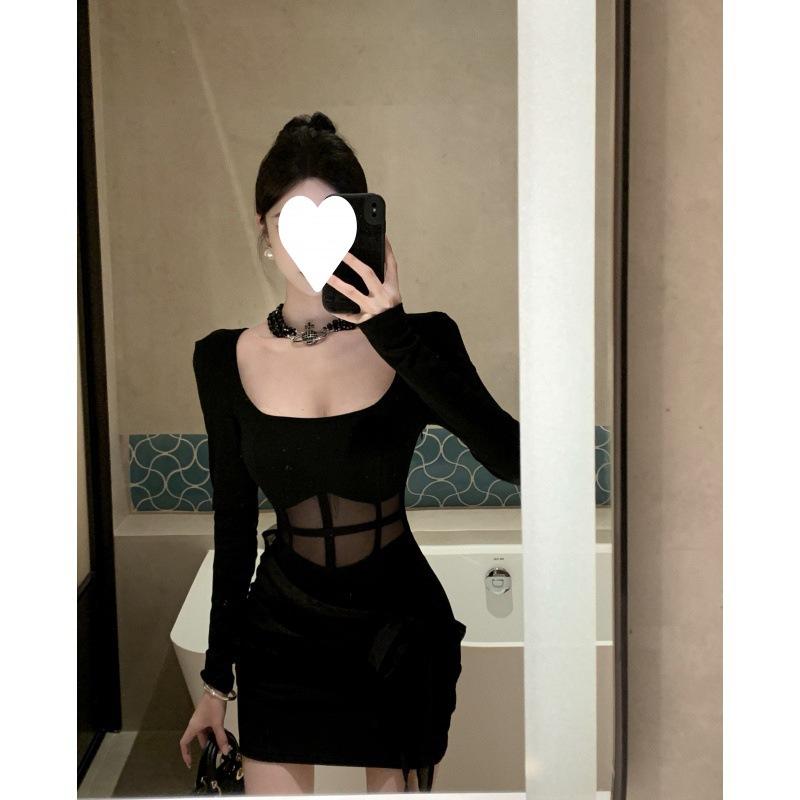 Spring Pure Desire Spice Girl Premium Black Dress Women's Collar Slim Perspective Mesh Belly Sexy Skirt