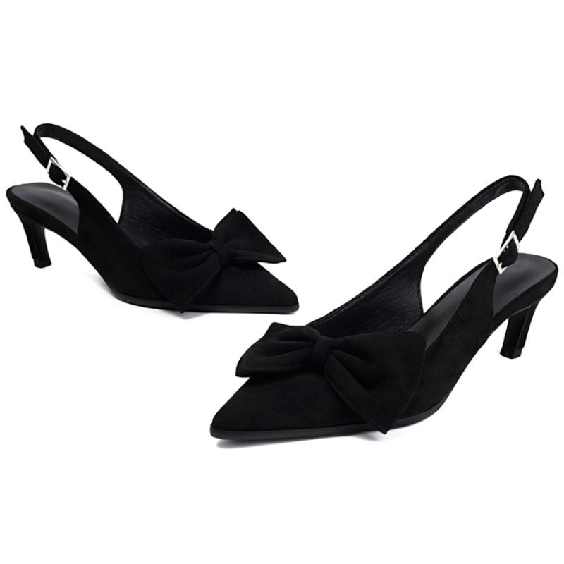 Women's Heels Summer Shoes 2025 New Fashion Bow Close Point Toe Black Brown Short Heeled Party Office Shoes Female Slingbacks