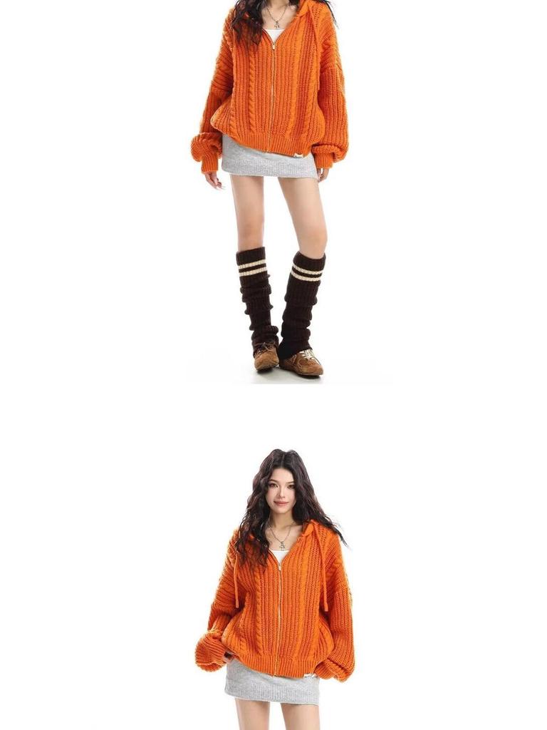 American Casual Cable Knit Hooded Sweater for Women - 2025 Spring/Autumn Trendy Loose Fit Jacket