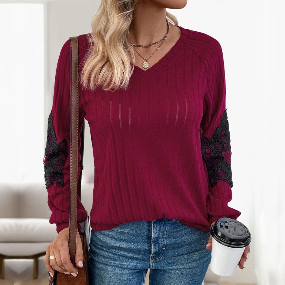 

Женский осенний однотонный свитер с кружевной отделкой XL красный