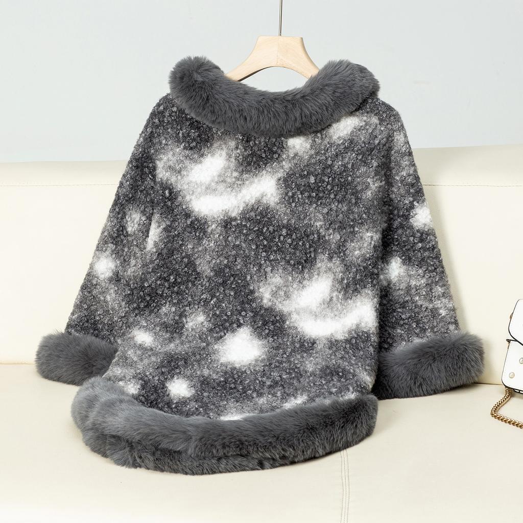 Women's Autumn and Winter Large Size Sleeve Knitted Leopard Print Fur Collar Shawl Loose Sweater Cape Top for Women