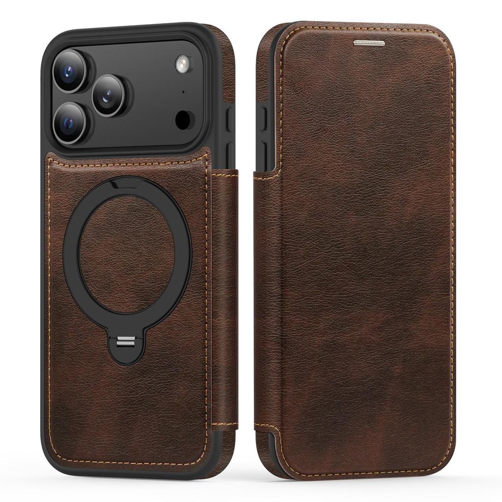 Apple iPhone 17 Pro Max/16/15 Pro Magnetic Flip Leather Case with Stand & Anti-Theft Brush