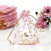 50pcs Pink Heart-Shaped Printed Organza Drawstring Bags with Golden Heart 4.72x3.54 Inches Durable Reusable Gift Bags Suitable