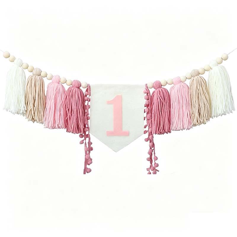 Bohemian Wooden Bead & Tassel Banner for Children's 1st Birthday Party Decor