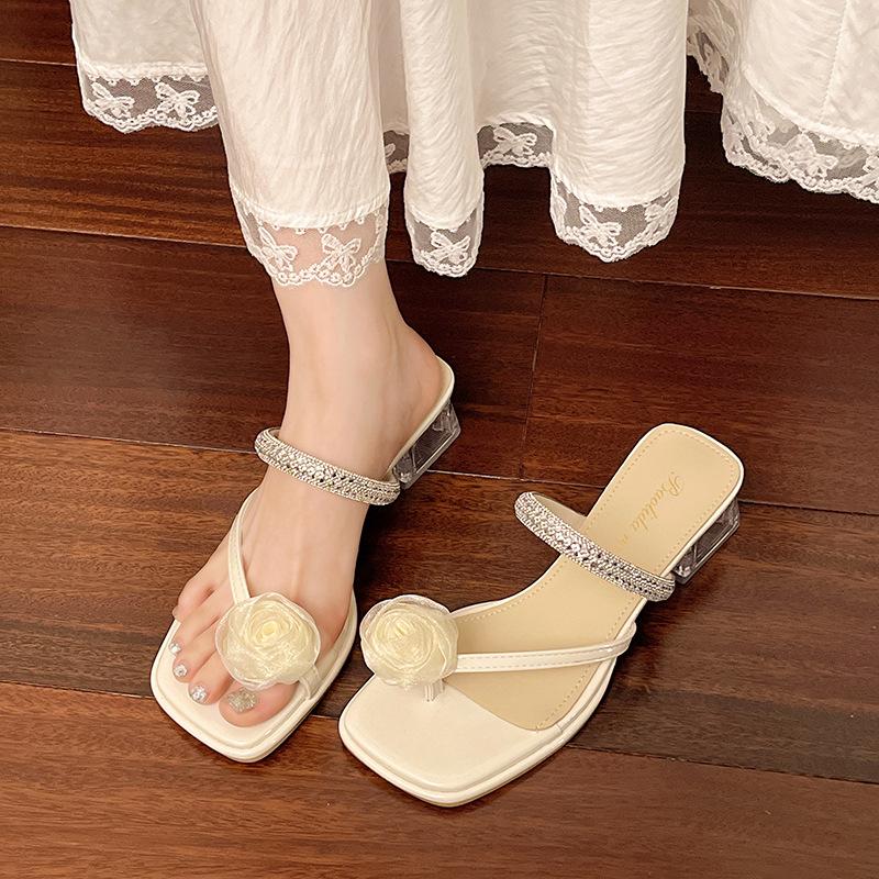 Coarse heel rhinestone cool slippers women's shoes wear 2025 new summer temperament cool slippers