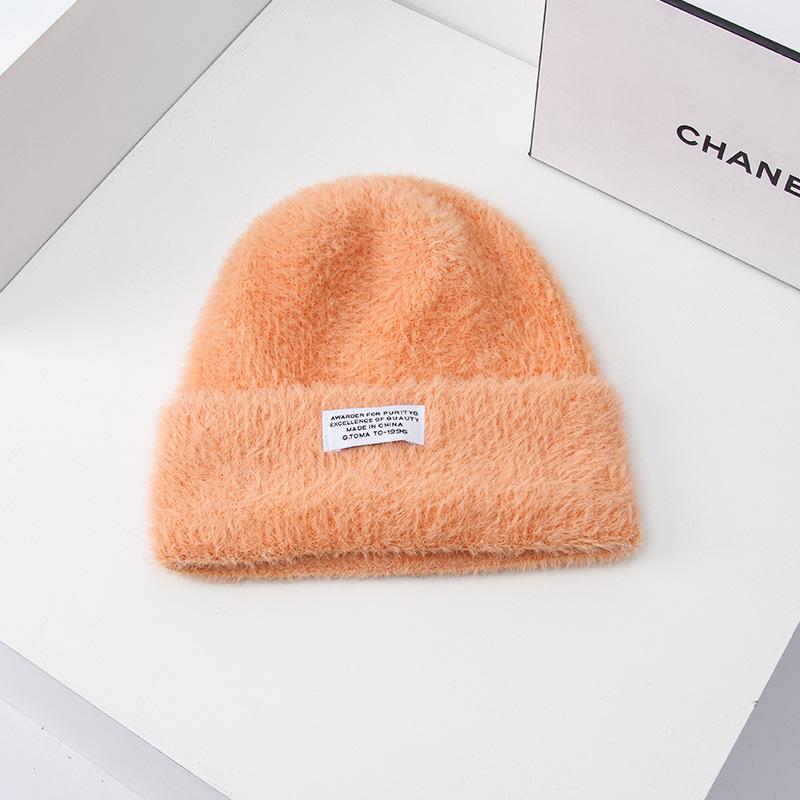 Hat Women's New Imitation Mink Autumn and Winter All-match Patch Wool Hat Knitted Hat Warm Pullover Ear Protection Cold Hat
