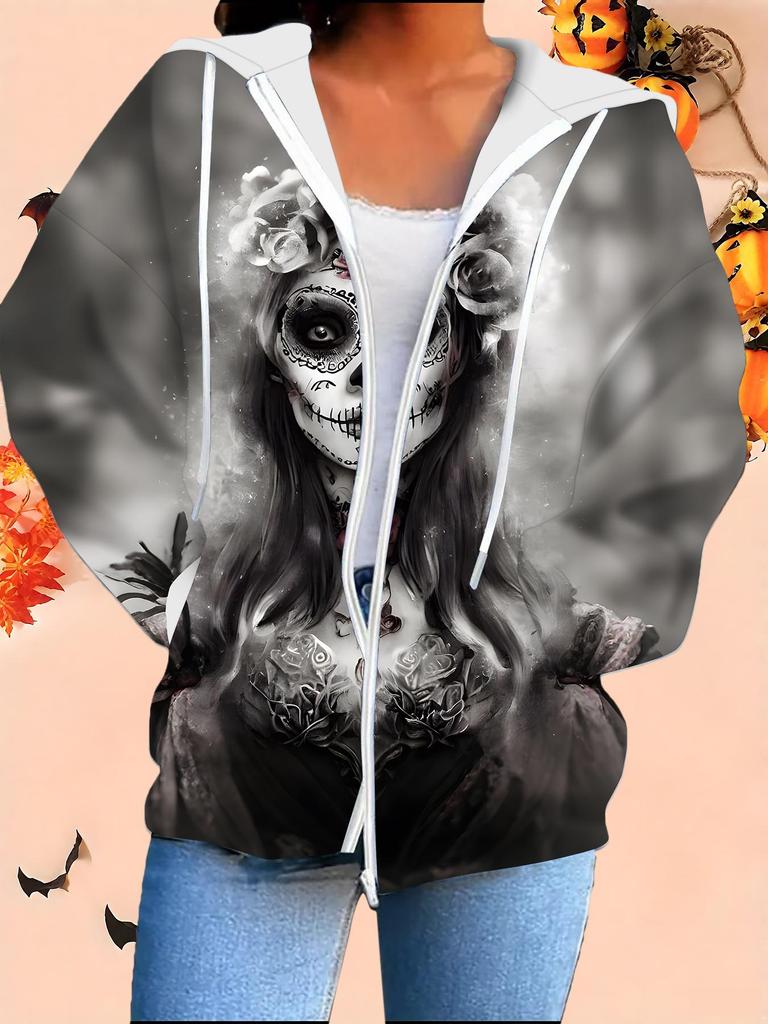 Halloween 3D-gedruckter Kapuzen-Cardigan Übergröße Herbst Winter Retro