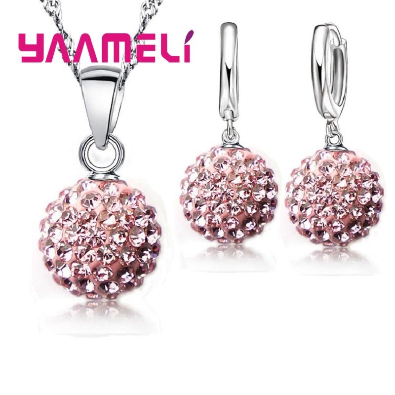 925 Sterling copper Stamped Bridal Zircon Sets Women Girls Wedding Gifts Austrian Crystal CZ Disco Ball Necklace Hoop Earrings