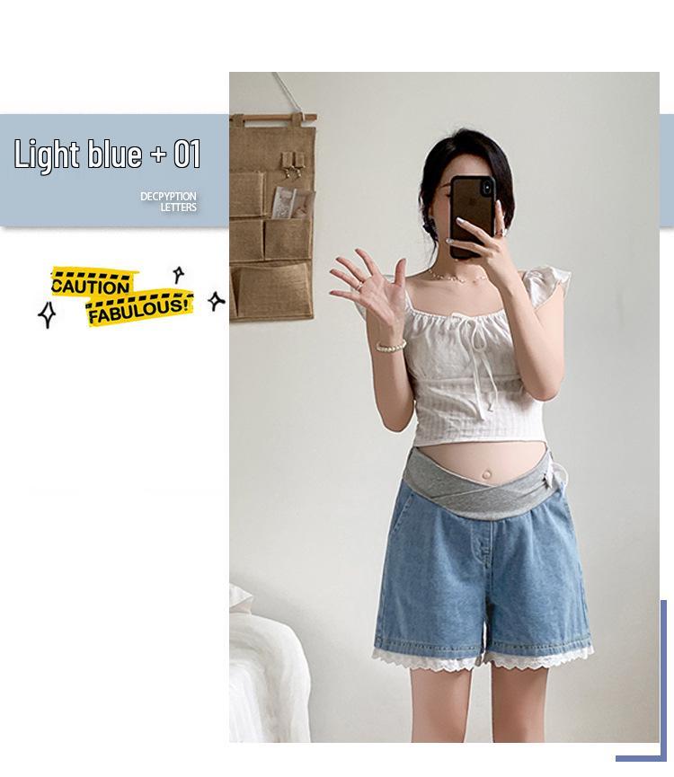 2026 New Style Tummy Support Maternity Denim Shorts with Lace Trim – Summer Wide-Leg Hot Pants