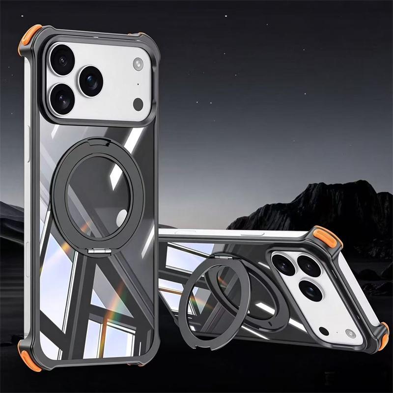 For iPhone 17 16 15 14 13 Pro Max Transparent Aluminum Alloy Frame Phone Case For Magsafe 360° Rotate Magnetic Shockproof Cover