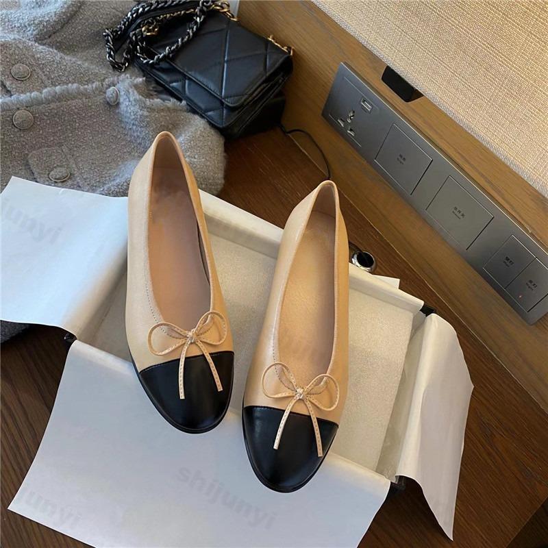 Women's Ballet Flat Shoes 2026 Spring New Round Toe French Elegance High-quality Leather Shoes Bow Comfortable Casual Shoes