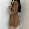 Corduroy Sashes Dresses Women Korean Preppy Puff Sleeves Casual A Line Mini Dress Harajuku Elegant All Match Solid Dress