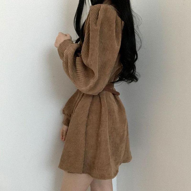 Corduroy Sashes Dresses Women Korean Preppy Puff Sleeves Casual A Line Mini Dress Harajuku Elegant All Match Solid Dress