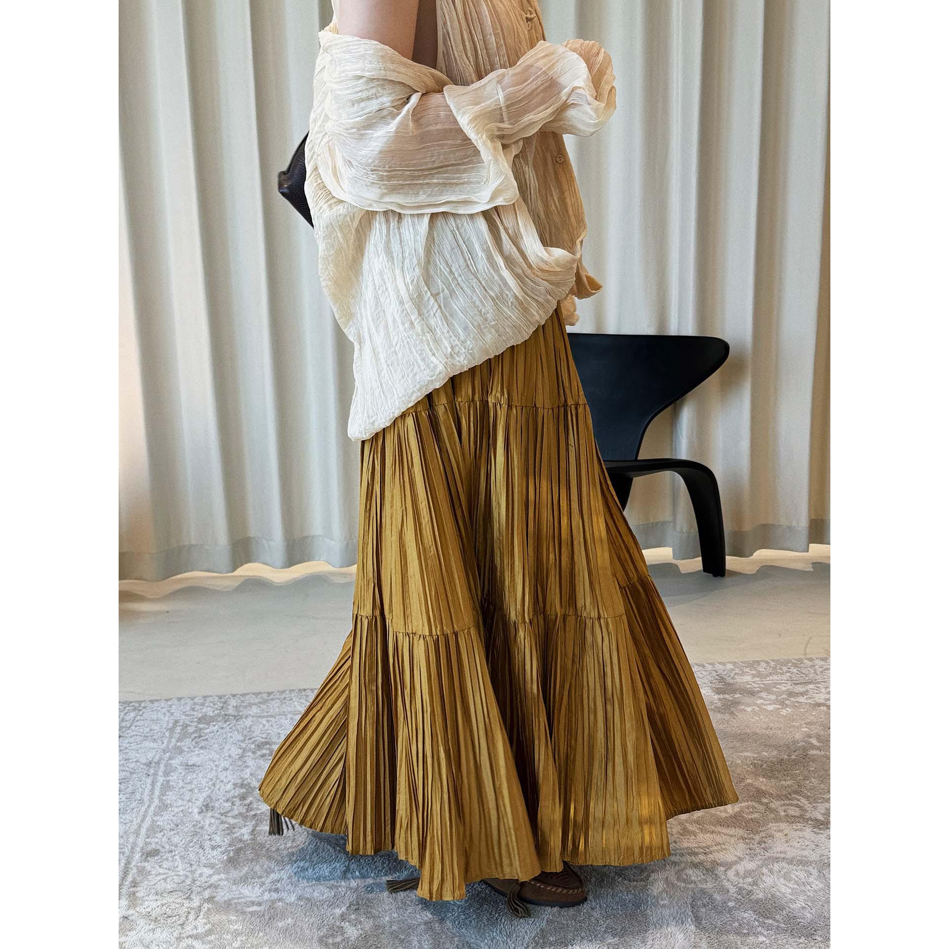 

Korean Retro High-Waisted Pleated Midi Skirt - Comfortable, Loose Fit for Women One Size жовтий