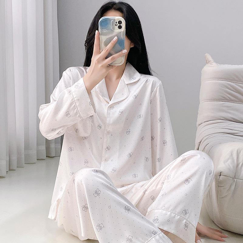 Women's Autumn/Winter Ice Silk Cartoon Pajamas, Korean-Style Sweetheart Set - Long Sleeve & Pants