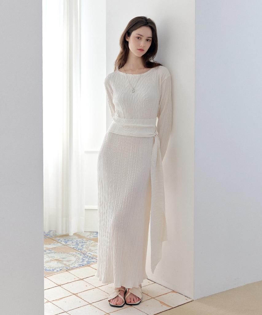 Meojiaenminggeul Iconic Pleats Maxi Belted Dress (Ivory)