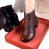 Medium heel mother shoes hollow retro ethnic style thick heel short boots soft sole velvet Martin boots