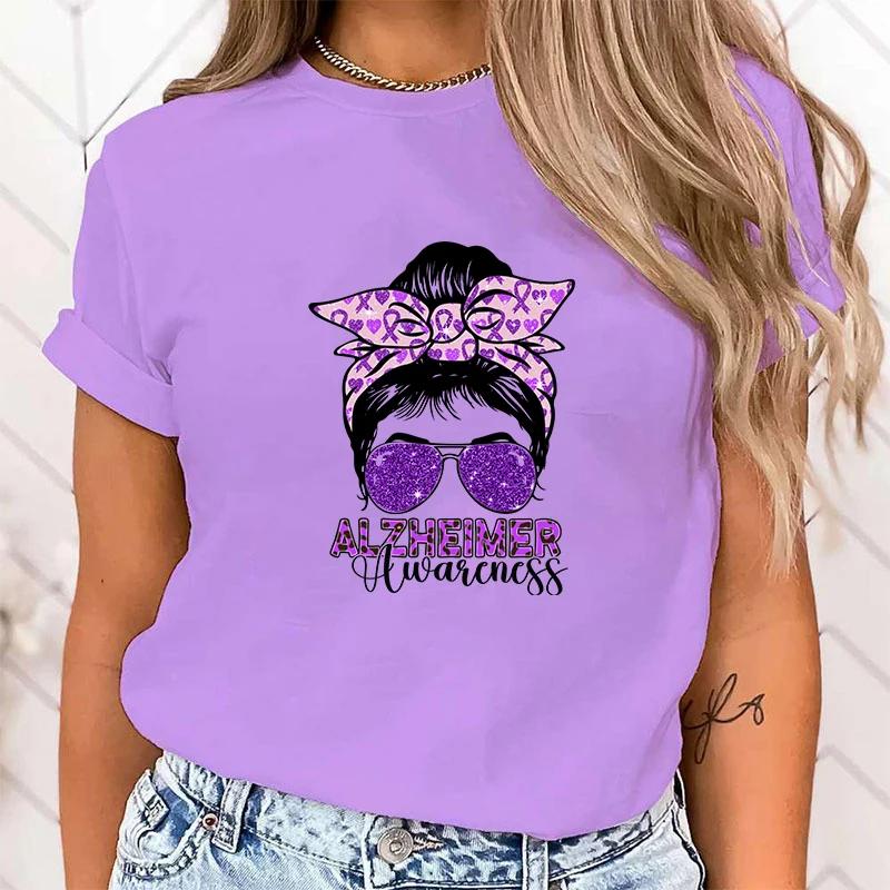 (High Quality T Shirt)new Alzheimer's Awareness Print T Shirts Women Casual Round Neck Tees Top Summer Cool Loose Short Sleeve