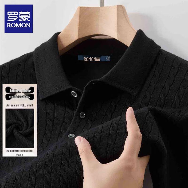 ROMON S Men's Long Sleeve Polo Knit Shirt