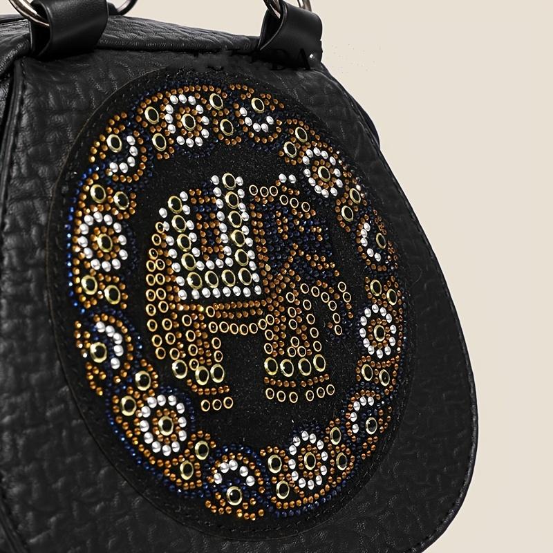 Black PU Leather Backpack, Women's Fashionable Vintage Small Handbag With Convertible Shoulder Straps, Rhinestone Elephant Daypack Purse