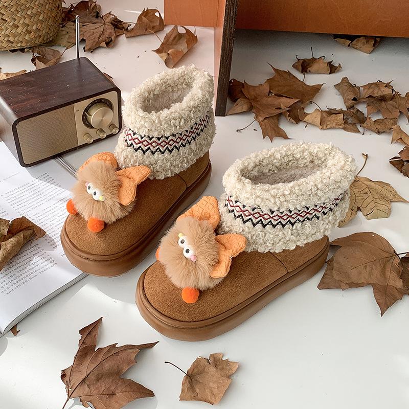 Damen Cartoon dicke Sohle große Größe verdickt Winter warm Fell eins Schneestiefel gepolstertes Futter Stiefeletten rutschfest Wandern Sport Baumwollstiefel