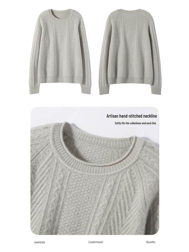 Women's Cashmere Raglan Cable Knit Sweater - 7-Gauge Double-Strand, Round Neck, Rolled Edge, Extra-Thick, Long-Sleeve Pullover.
