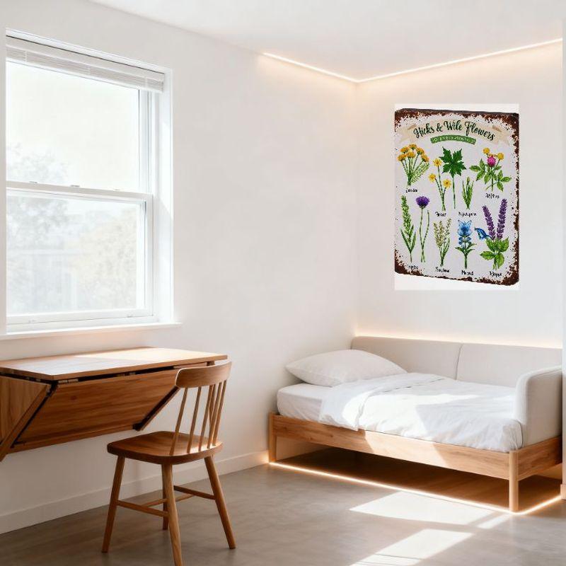 Hicks & Wile Flowers 50 English Species Vintage Metal Tin Sign with Illustrated Wildflowers, Antique Distressed Plaque for Home