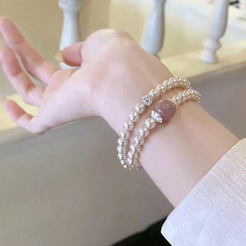 Light luxury double-layer stacked pearl powder bead bracelet, elegant niche high-end bracelet, personalized versatile temperament jewelry