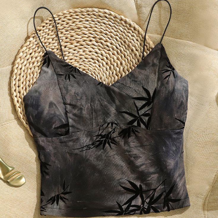 

French Printed Sweet And Cool Small Camisole Vest For Women Inner And Outer Wear Base Layer With Chest Pad New Chinese Style Top XL серый