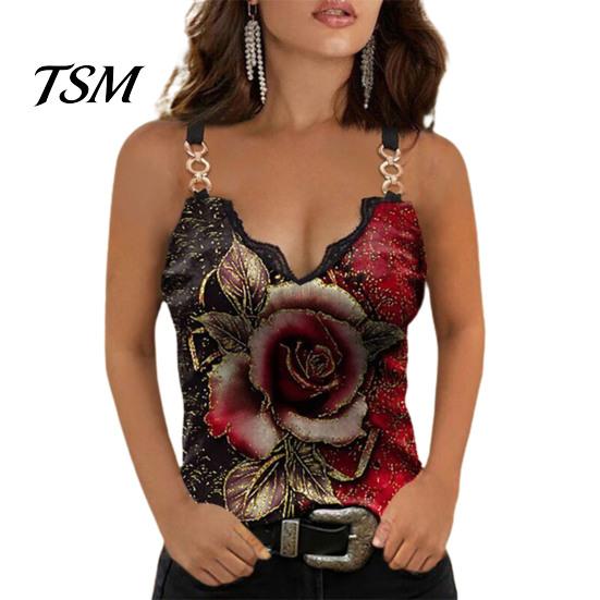 Lace Camisole Summer Rose Print Women Slim Blouse Sleeveless V Neck Vest for Dating M