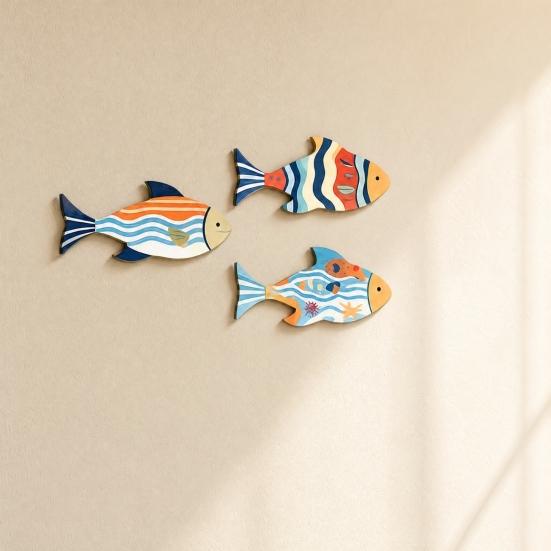 3 Pcs Vintage Beach Wooden Fish Wall Decor, Nautical School of Fish Coastal Wall Art, Summer Lake House Hanging Wall Sculpture