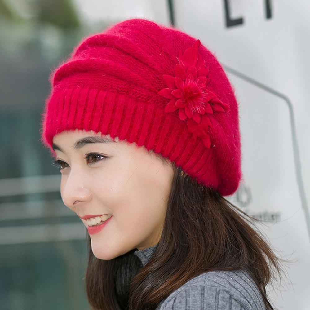 Pure Color Mom Hat Knitted Wool Female Berets Casual Winter Flower Hat  Autumn Winter