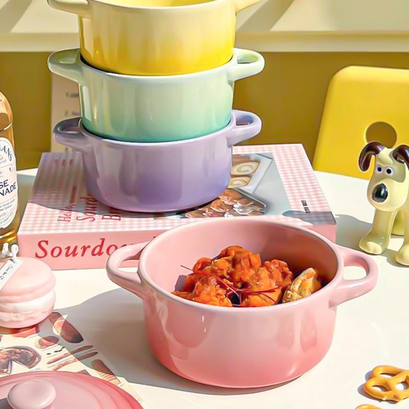 Gradient Ceramic Underglaze Stew Pot with Lid - Double Ear Bowl for Soup, Stews, or Steamed Eggs