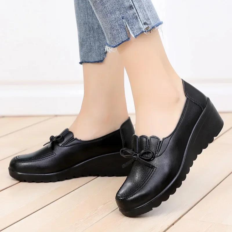 Fashion Spring Autumn Women's Loafers Fashion Women's Wedges Shoes Woman Genuine Leather Comfortable Casual Shoes Mother High Heels Shoe