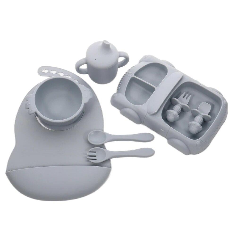 8 PCS Children's Dishes Set Silicone Tableware Set Spoon Fork Suction Cups Bowls and Bib Baby Stuff