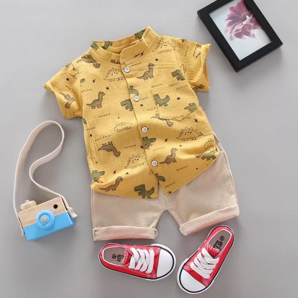 Summer Printed Pyramid Shirt Short Sleeved Shorts Set for Male and Female Infants and Young Children