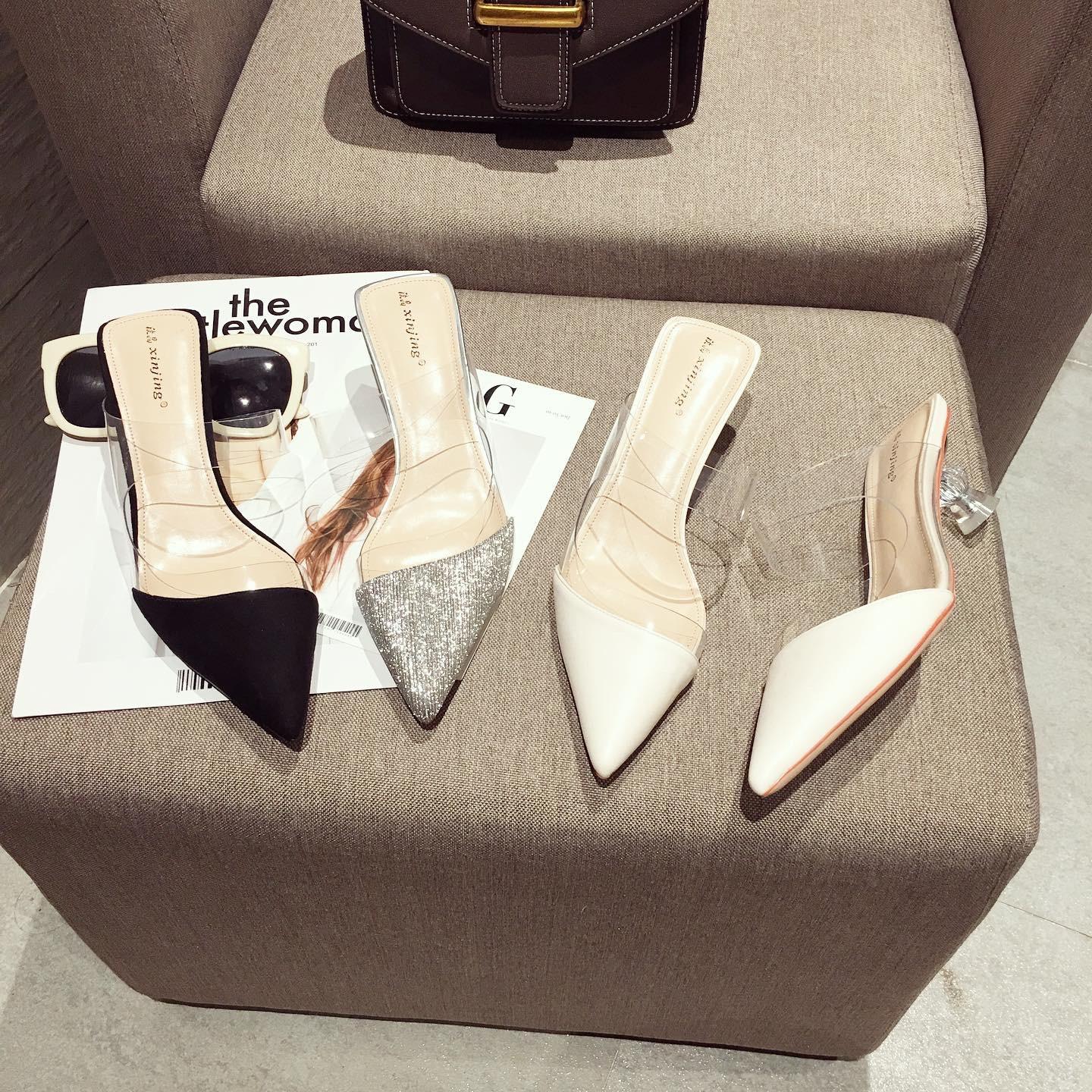 Модные блестящие серебряные прозрачные тапочки женские странные хрустальные туфли — фото 6