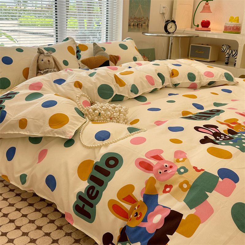 Candy House Cute Girl Heart Washed Cotton Four-piece Dormitory Single Quilt Set Three-piece Sheet Set