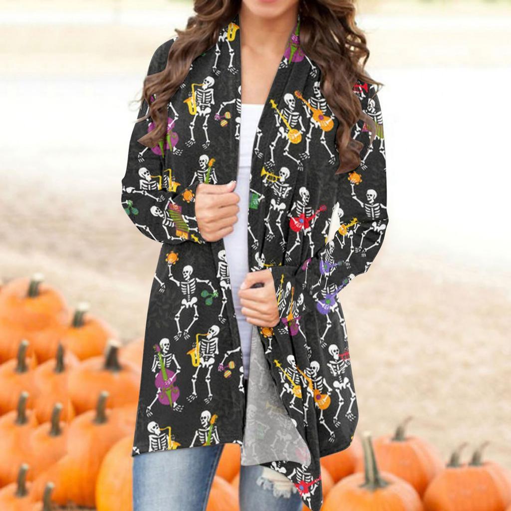 Women's Fashion Casual 2022 Halloween Print Medium Length Cardigan Jacket Coat