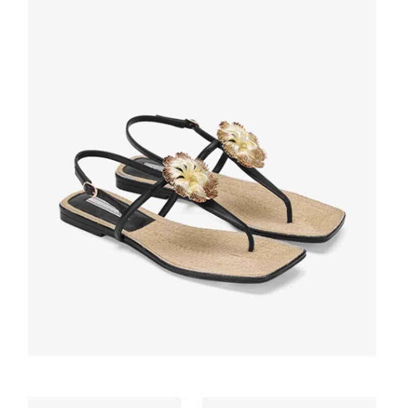 New Gold Coast one-word belt metal flower flat bottom clip toe flip-flops sandals women's summer wear