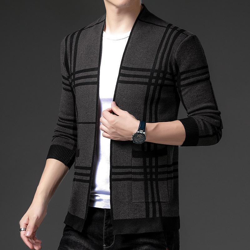 

Spring new men s long-sleeved knitted sweater plaid cardigan middle-aged and young fashion casual men s jacket M сірий колір