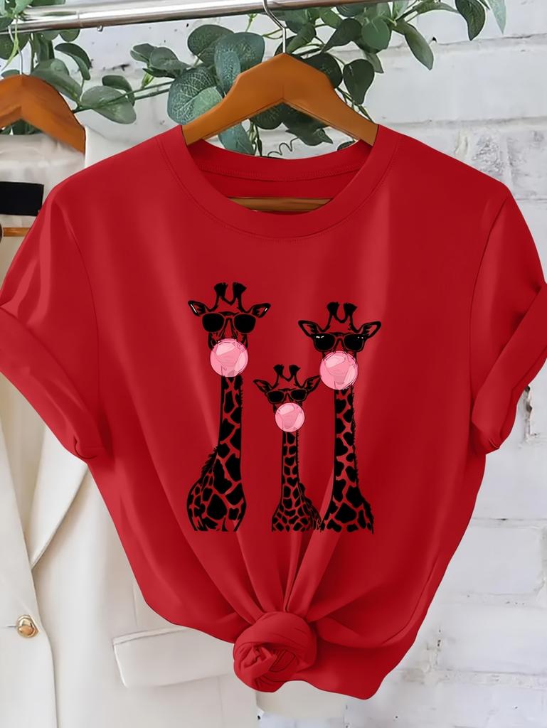 Women's Casual Short Sleeve T-Shirt Vibrant Giraffe Pattern Print Lightweight Summer Round Neck Tops Oversized Clothes for Woman