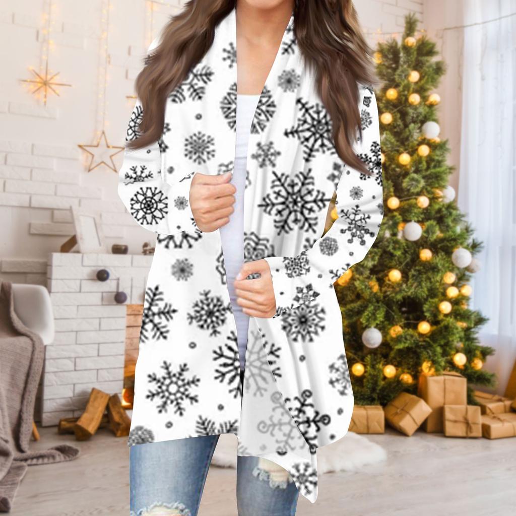 Women's Fashion Casual Christmas  Print Medium Length Cardigan Jacket Coat