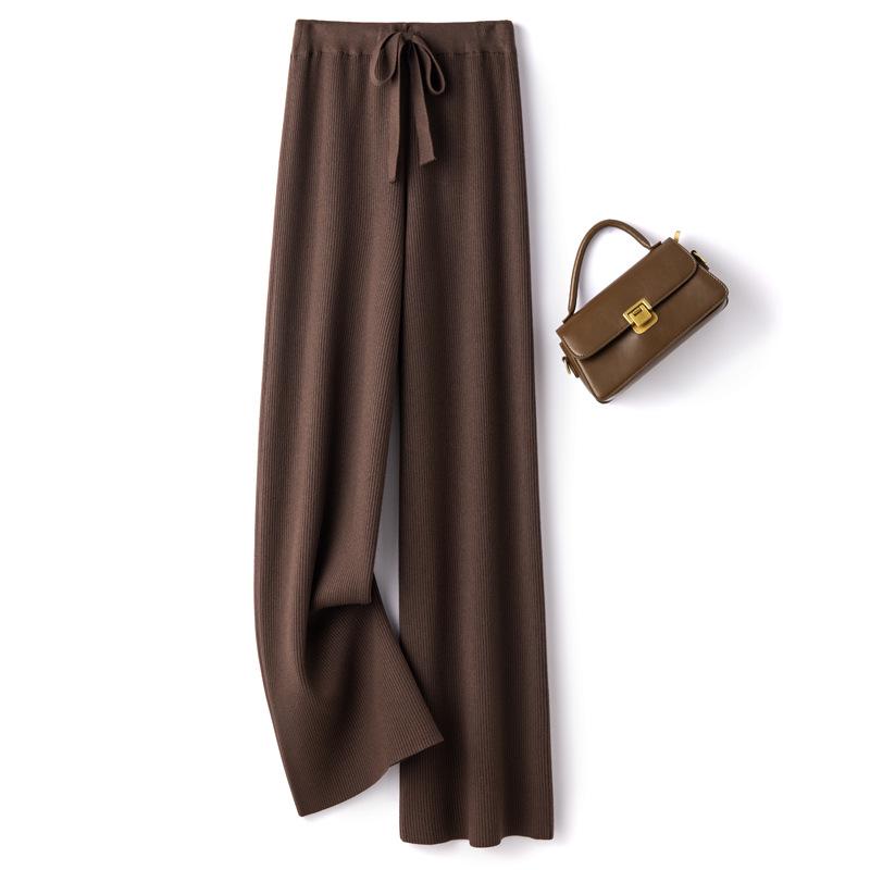 Women's White Wool Knit Wide-Leg Elastic High-Waist Floor-Length Pants — Autumn/Winter Drapey, Loose-Fit, Versatile, Straight-Leg Pants
