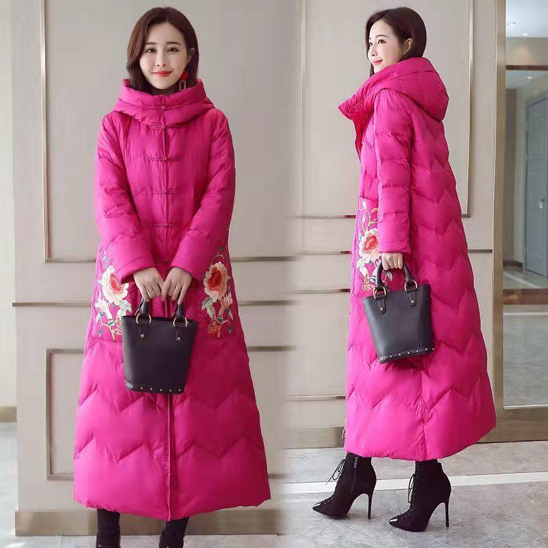 Mother's embroidered cotton-padded clothes with zipper Women's medium and long loose large size down cotton-padded clothes Winter cotton-padded