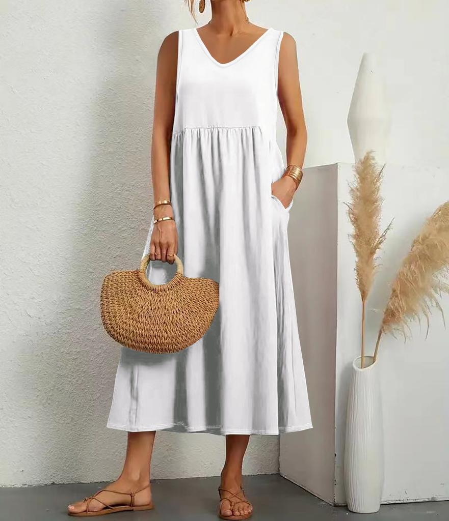 Fashionable Summer Temperament Women's Solid Color Cotton Linen Loose V-neck Dress