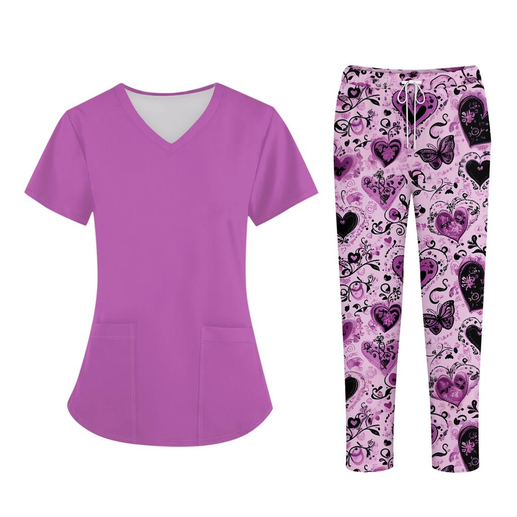 Plus SizePrinted Scrub Working Uniform Tops For Women's Cross V-Neck Halloween Print Short Sleeve Fun T-Shirts Workwear Tee With Pockets