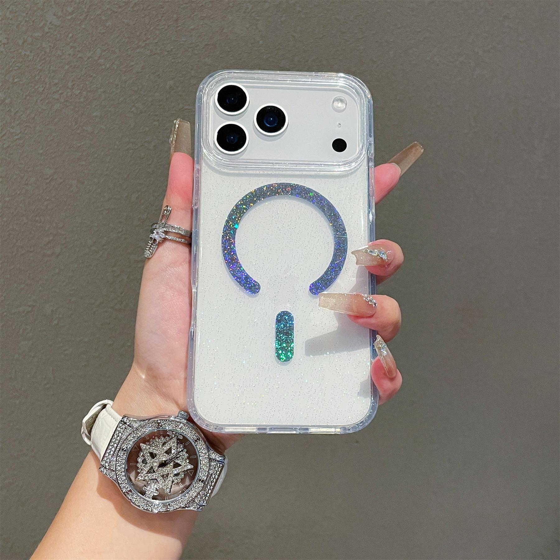 Applicable iPhone 17Promax mobile phone case Apple 16 magnetic glitter colorful transparent 15PRO protective case iPhone 17