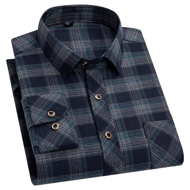 M-6XL Men's Pure Cotton Flannel Shirts Long Sleeve Single Pocket Casual Plaid Thick Soft Cozy Brushed Shirts Blouse Men Clothing