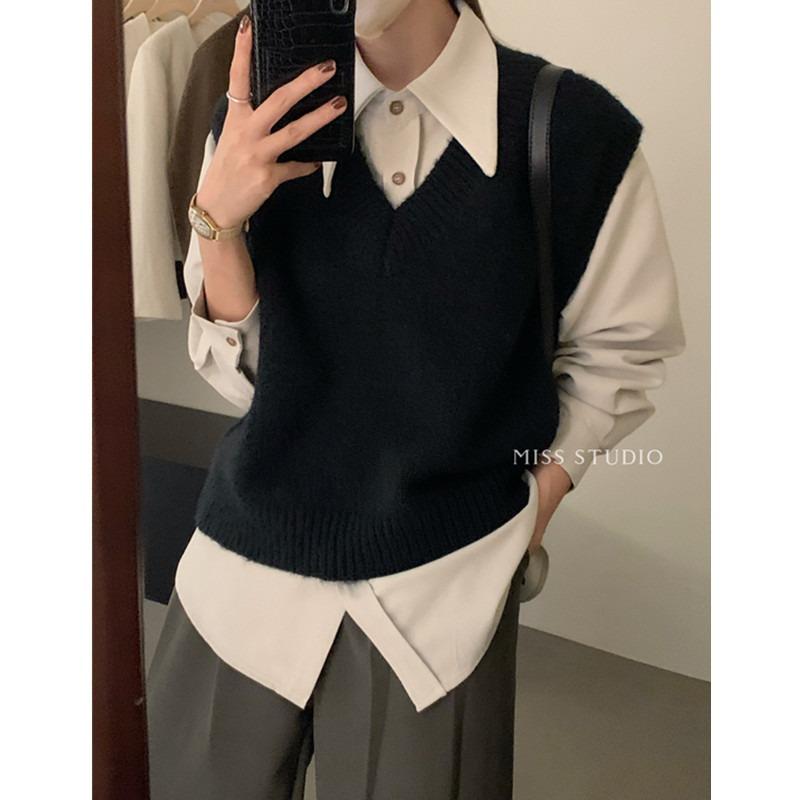 Fashion Sleeveless Pullover Knitted Women Sweaters Vest New Autumn Winter V Neck Casual Loose Elegant Knitwear Bottoming Tops